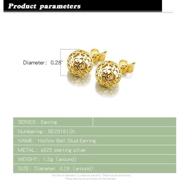 Women's Hollow Pattern Ball Pendant Stud Sterling Gold Earrings Jewelry - Picture 3 of 7